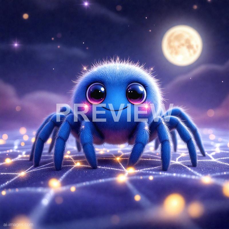 The image features an adorable, cartoonish blue spider with large, shiny eyes and a small, friendly smile, set against a dreamy night sky illuminated by a bright full moon. The spider's body is fluffy, and it has eight legs that appear soft and fuzzy, all resting on a glowing, web-like surface with tiny lights scattered across it. The background includes a starry sky with a few clouds and a radiant moon, creating a whimsical and magical atmosphere.